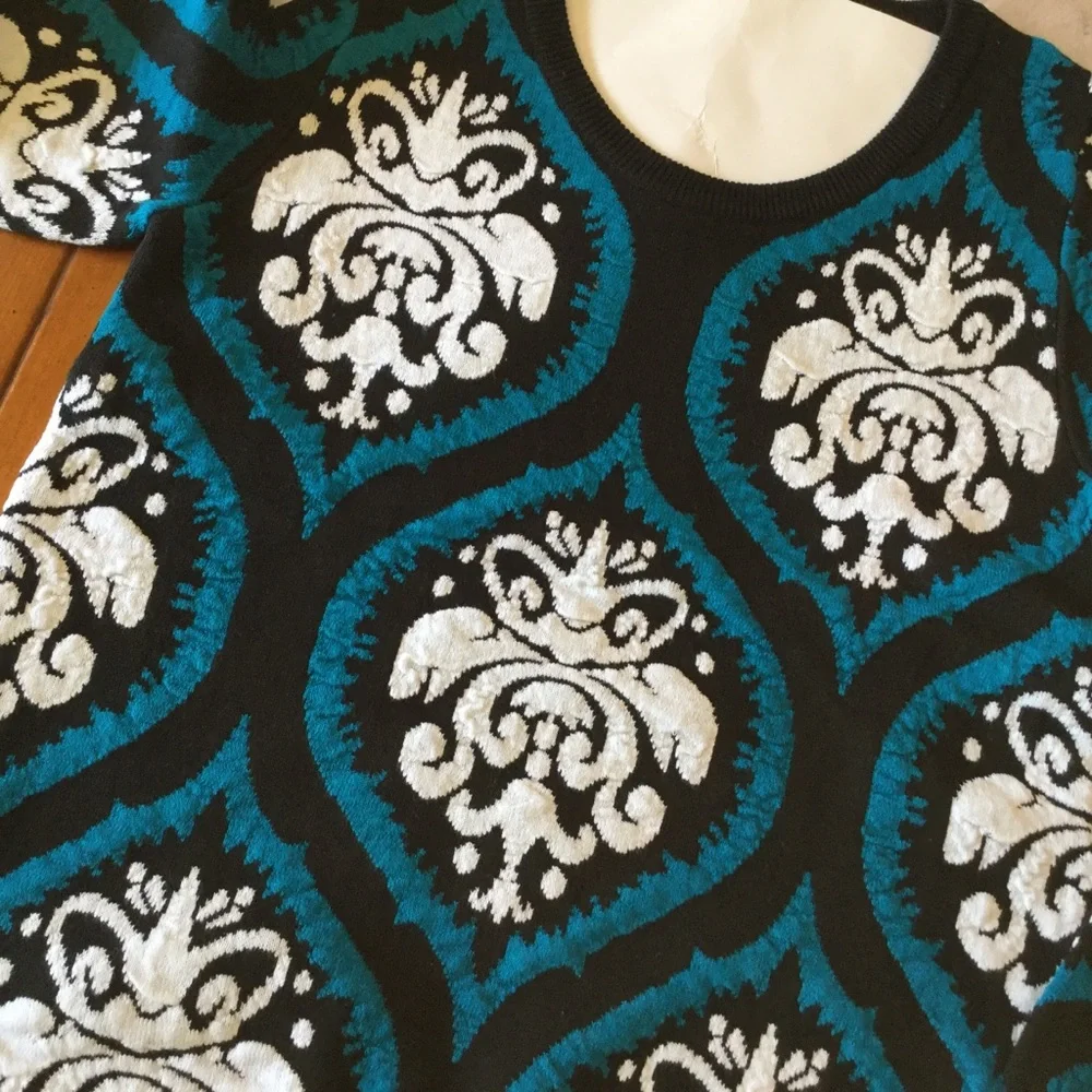 Black & Turquoise & White Brocade Sweater